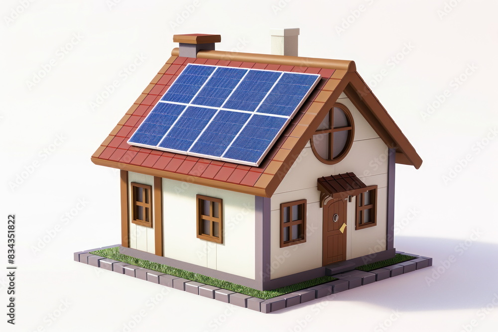 Solar cell on the roof, mini house, vector style, 3d Solar cell on the roof, mini house, vector style, 3d