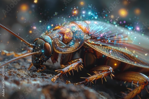 A close-up of a cockroach with sparkling dust around it. The cockroach is in focus and appears to be alive. It is a surreal image that could be used for a variety of purposes.