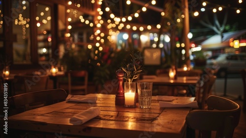 Cozy restaurant scene with wooden tables, ambient candle lighting, and string lights, creating a warm and welcoming atmosphere for dining.