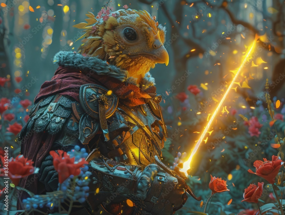 Fototapeta premium A fantastical creature, resembling a bird-like knight, stands in a magical forest holding a glowing staff.