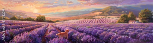 During a serene morning at a lavender farm a Golden retriever and blue Maine Coon roam through purple fields photo