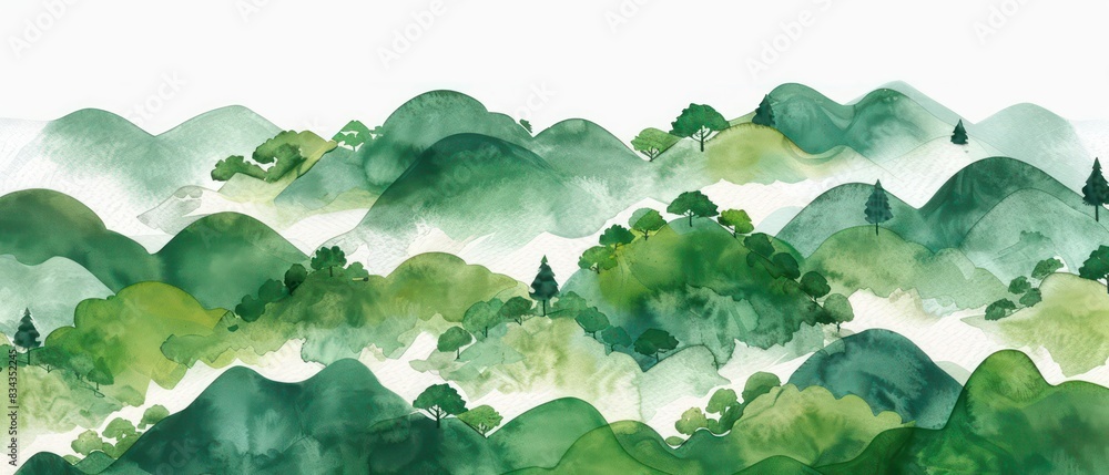 illustrated watercolored green landscape with simple composition and white background
illustrated watercolored green landscape with simple composition and white background