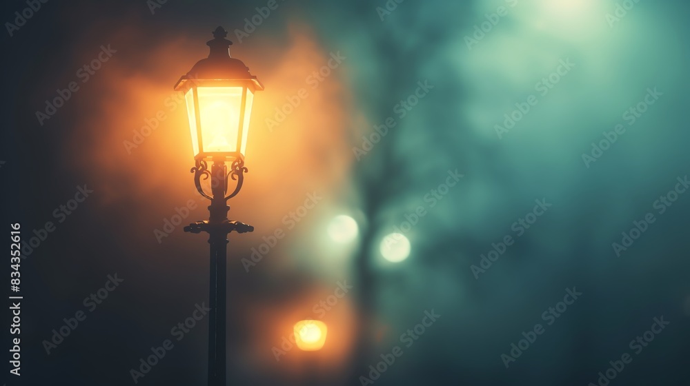 street lamp glowing in the fog, mysterious mood, soft light, close up, focus on, copy space, Double exposure silhouette with city street street lamp glowing in the fog, mysterious mood, soft light, close up, focus on, copy space, Double exposure silhouette with city street