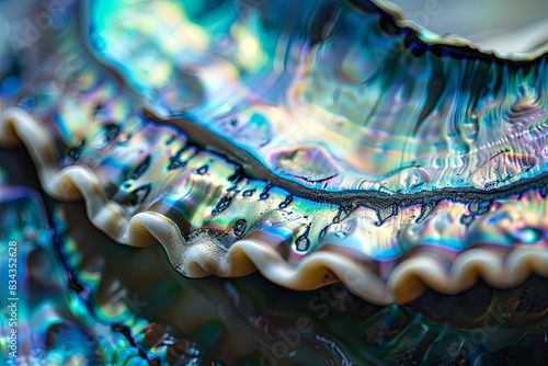 Closeup of an abalone shell  showcasing its iridescent colors and intricate patterns. The focus is on the vibrant blues  greens  purples  and black hues inside the shell s delicate texture