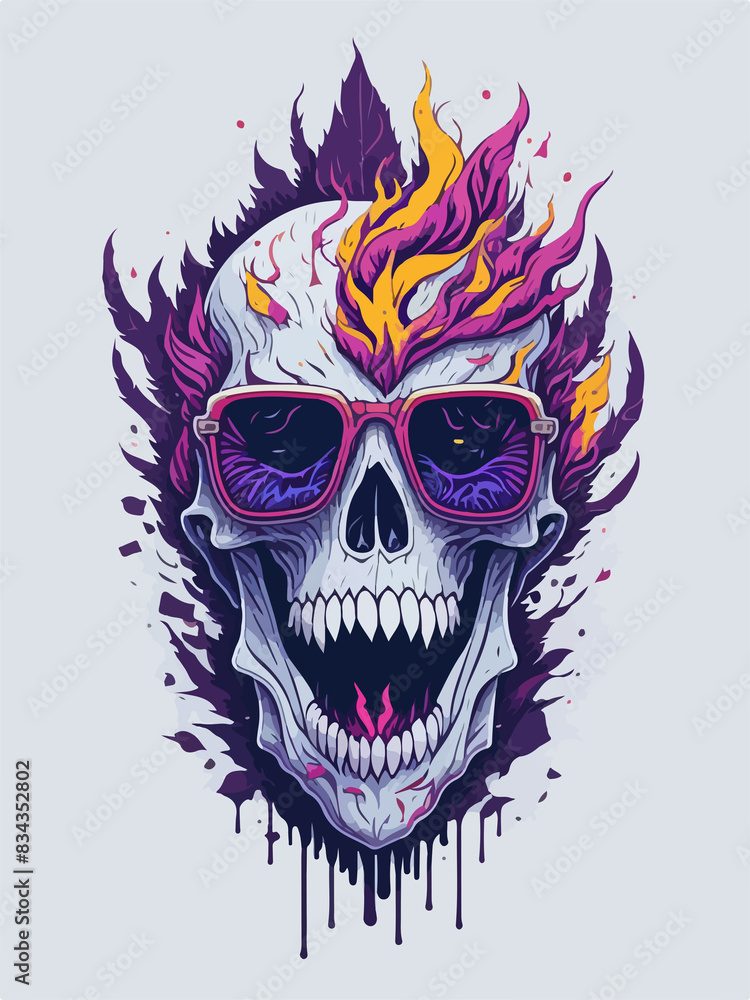 Fototapeta premium Trendy flames and colorful sunglasses on a skull make a stylish statement.