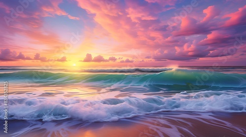 Colorful sunset viewed from the pink sea beach with soft waves