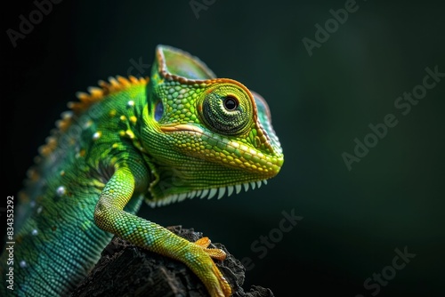 Close Up of a Colorful Chameleon Lizard Camouflaged on a Tree Branch in a Nature Setting
