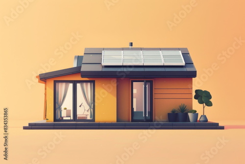 Solar cell on the roof, mini house, vector style, 3d © waranyu