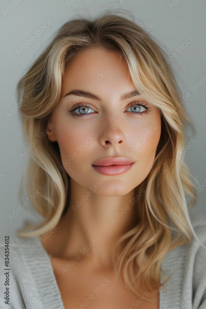 A blonde woman with smooth skin and perfect eyebrows looks at the camera over a grey background. A blonde woman with smooth skin and perfect eyebrows looks at the camera over a grey background.
