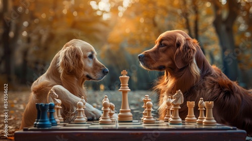 Golden retriever and blue Maine Coon as chess masters photo