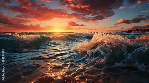 Dramatic Sunset Over Ocean Waves with Vibrant Evening Sky