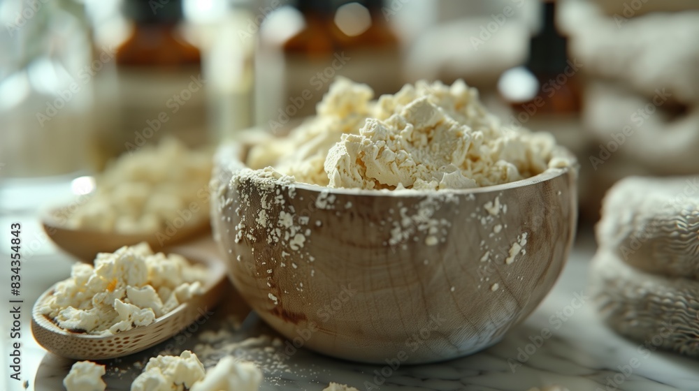 Spa Treatment with Shea Butter. Bowl of shea butter in a serene spa setting, ready for a soothing and moisturizing treatment. Spa Treatment with Shea Butter. Bowl of shea butter in a serene spa setting, ready for a soothing and moisturizing treatment.