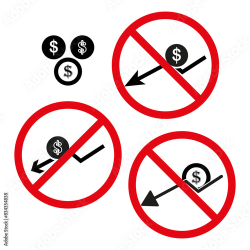 Prohibited financial transactions symbols. No money exchange icons. Vector forbidden financial operations set.