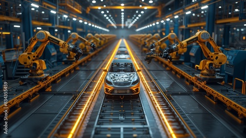 Robotic Arms Assembling Car on Production Line. Multiple robotic arms are assembling a car on a production line in an advanced automotive factory, showcasing industrial automation.