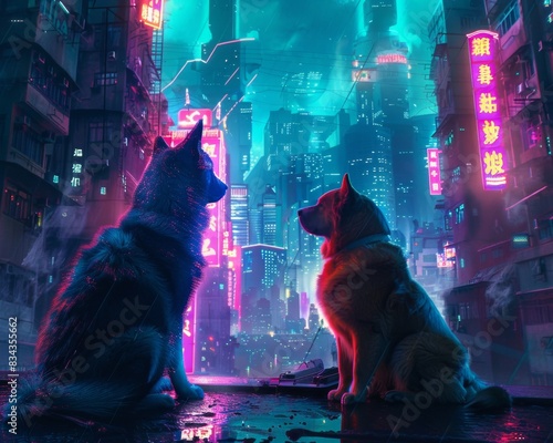 Golden retriever and blue Maine Coon in a futuristic cityscape photo