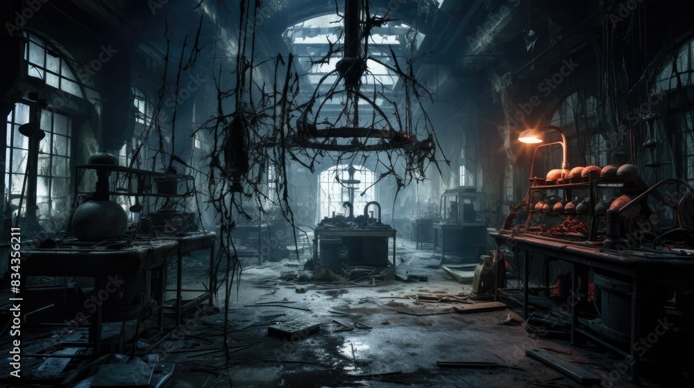 Photograph of an eerie abandoned science lab with dust-covered equipment and cobwebs hanging from the ceiling Photograph of an eerie abandoned science lab with dust-covered equipment and cobwebs hanging from the ceiling