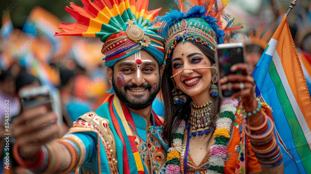 Smiling people take selfies at the Indian Independence Day celebration at a street parade. A holiday in India