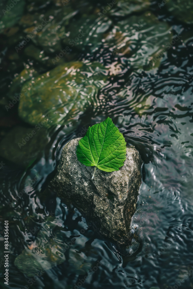 A top down view of a green leaf on a rock in a river A top down view of a green leaf on a rock in a river