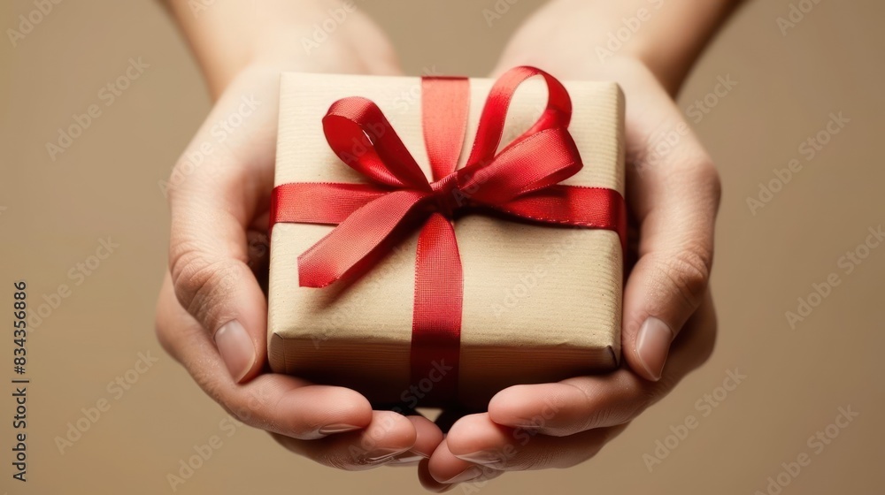 Hands Holding a Gift: A close-up of hands presenting a gift with a plain background, providing plenty of room for copy on Hands Holding a Gift: A close-up of hands presenting a gift with a plain background, providing plenty of room for copy on