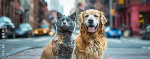 Golden retriever and blue Maine Coon posing on a vibrant city street