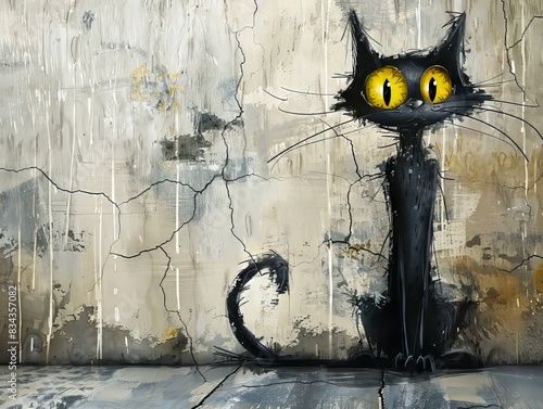 Painted Black Cartoon Cat with Huge Yellow Eyes - Landscape photo