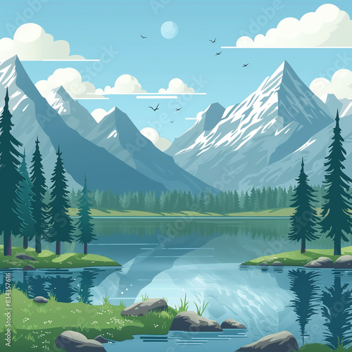 Cartoon forest with mountains lake