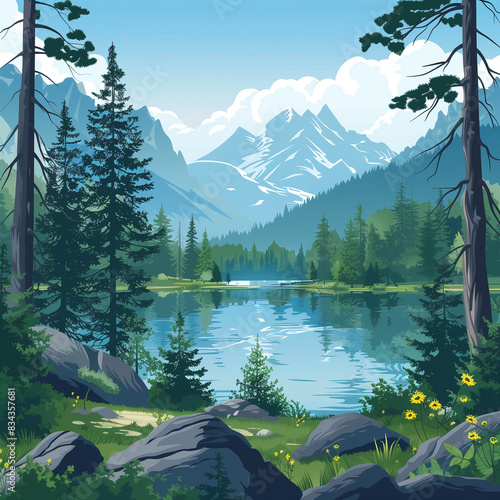 Cartoon forest with mountains lake