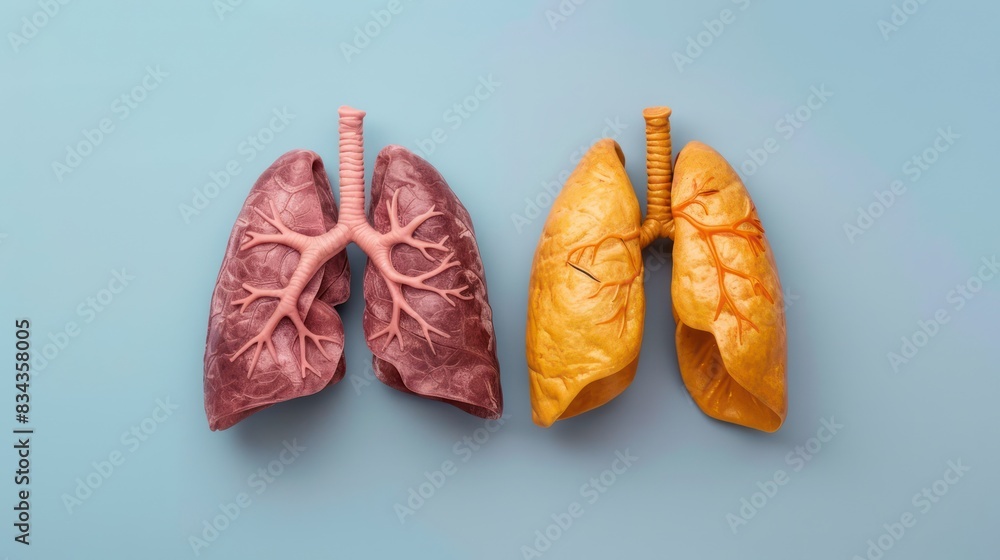 Comparison of Healthy and Diseased Lungs: A visual comparison showing healthy lungs versus lungs affected by disease, Comparison of Healthy and Diseased Lungs: A visual comparison showing healthy lungs versus lungs affected by disease,