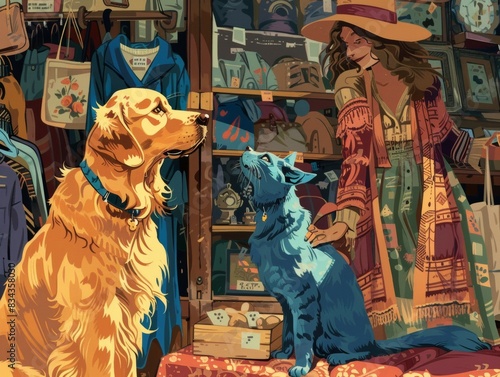 In a bustling flea market a Golden retriever and blue Maine Coon help their owner manage a vintage clothing stall photo