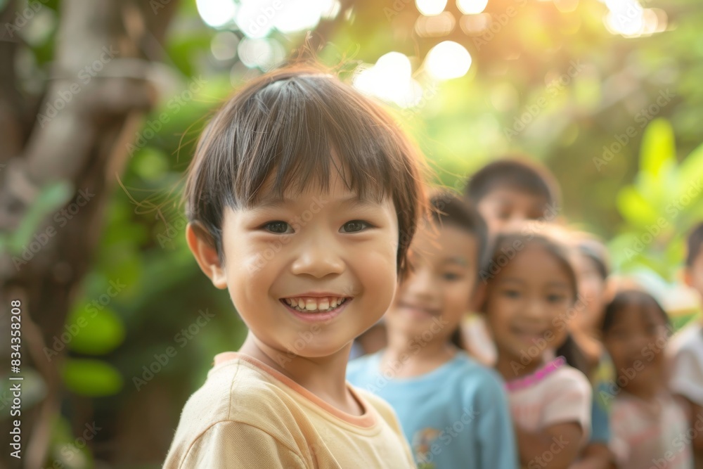 Portrait of little asian girl smiling and looking at camera in the park Portrait of little asian girl smiling and looking at camera in the park