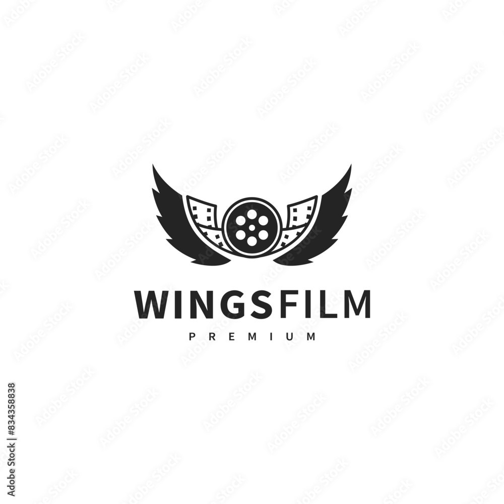 movie productions logo design with wings and film reel illustration movie productions logo design with wings and film reel illustration