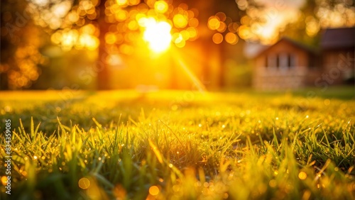 Golden Hour Lawn Blur: A warm, golden blurred background of a lawn during the golden hour, providing a cozy and inviting ambiance.  © No