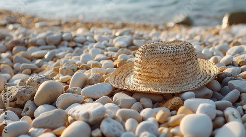Straw Hat on Sandy Beach with Close Up of Seashore Pebbles in Natural Setting