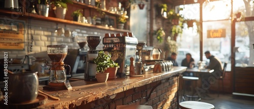 Within the confines of a cozy café, a blank mockup of professionalism finds inspiration, amidst the aroma of freshly brewed coffee and the chatter of patrons. photo