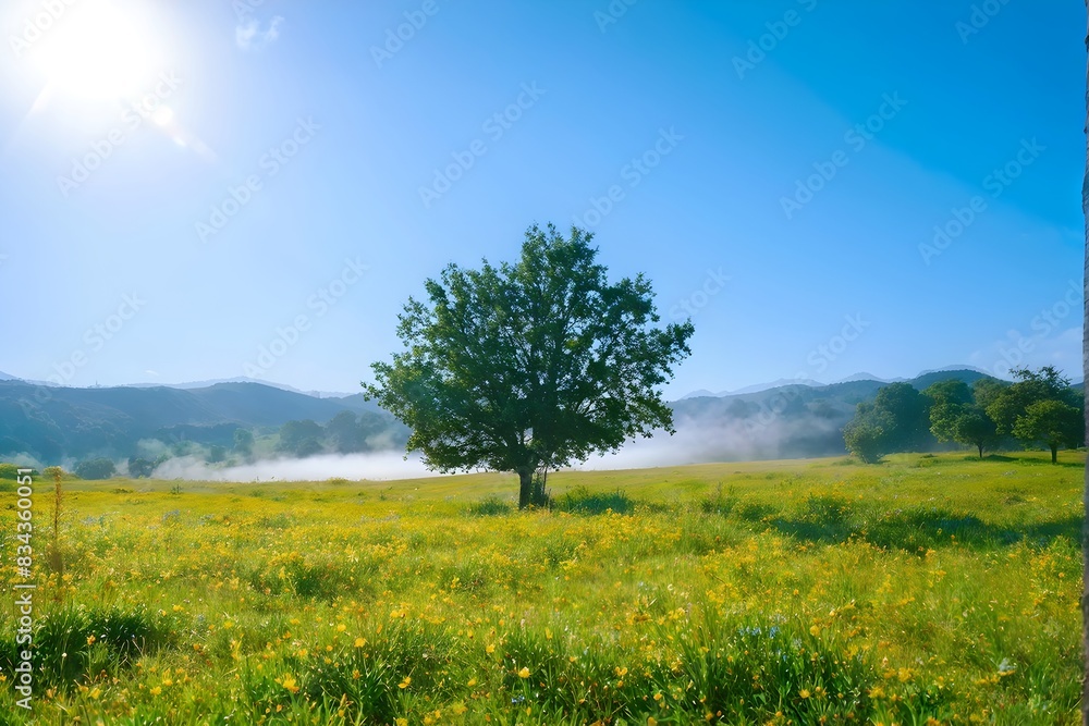 Obraz premium scenery of summer green grass meadow with tree on sunny day sky.