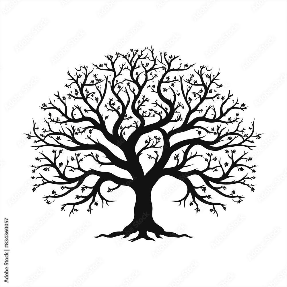 A single black tree silhouettes with birds on white background A single black tree silhouettes with birds on white background