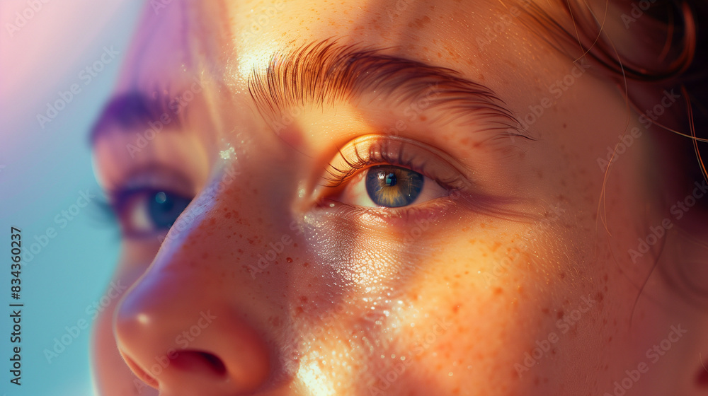 A close-up of a woman's radiant, glowing skin with minimal makeup, set against a soft, blurred pastel background A close-up of a woman's radiant, glowing skin with minimal makeup, set against a soft, blurred pastel background
