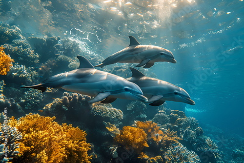 Three dolphins swim in depths of sea ore ocean above mustard corals. Marine  ocean life and dolphins concept. World whale and dolphin day  world oceans day