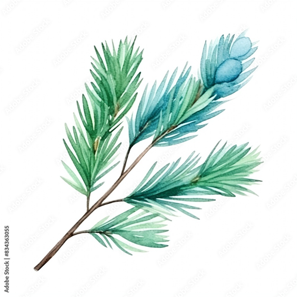 New Year's pine tree branch, without decorations, isolated on white background. Watercolour illustration. New Year's pine tree branch, without decorations, isolated on white background. Watercolour illustration.