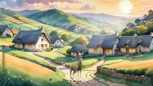 Watercolor illustration of a rural village's thatched huts nestled in the serene hills. Seamless looping 4k time-lapse virtual video animation background photo