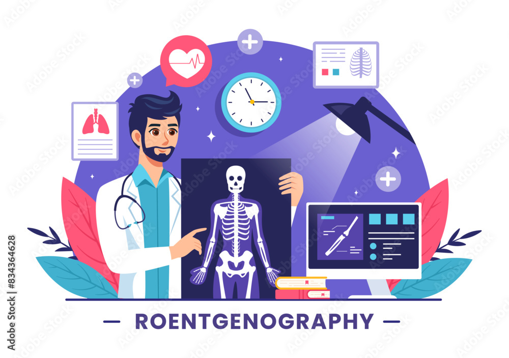 Fototapeta premium Roentgenography Vector Illustration with Fluorography Body Checkup Procedure, X-ray Scanning or Roentgen in Health Care in a Flat Cartoon Background