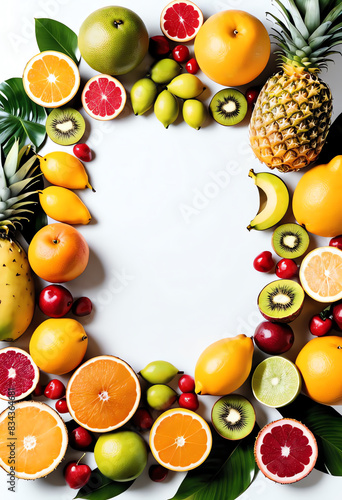 top view flat lay tropical fruit copy space on white background