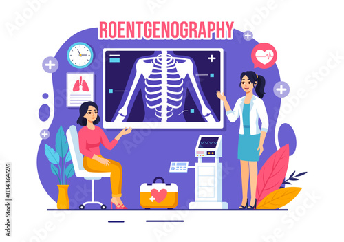 Roentgenography Vector Illustration with Fluorography Body Checkup Procedure, X-ray Scanning or Roentgen in Health Care in a Flat Cartoon Background