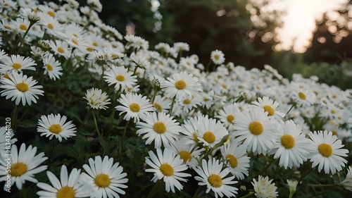 Closeup of spring daisies in a beautiful natural garden.