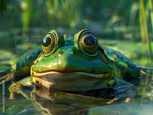 Close-up of Vibrant Green Frog with Bulging Eyes in Natural Pond Environment