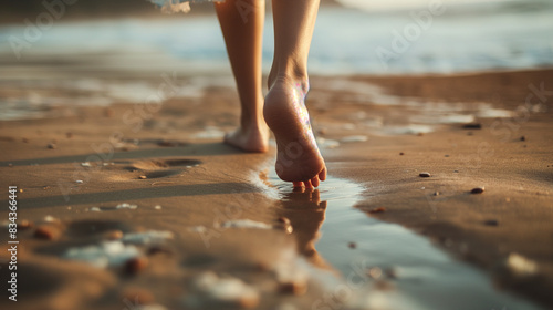 A close-up of feet walking on a sandy beach, symbolizing grounding and connection with nature