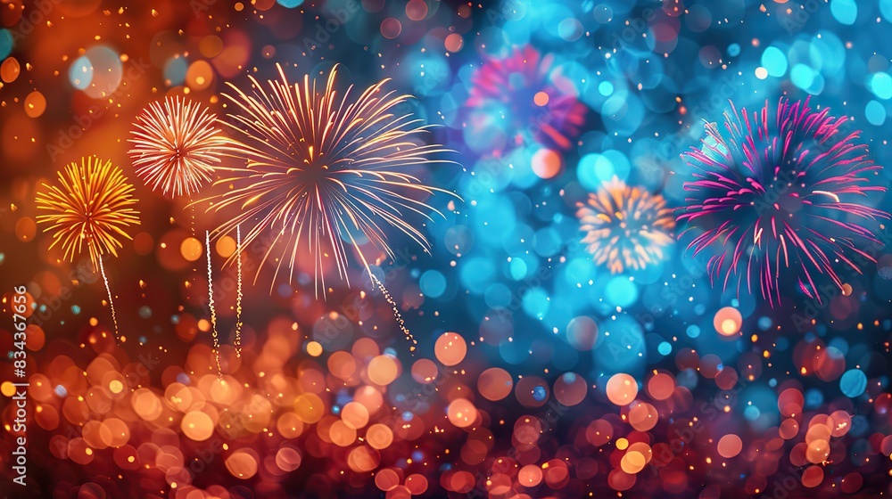 Fototapeta premium A background with festive fireworks and a clear central space for celebration messages. - Event decoration background