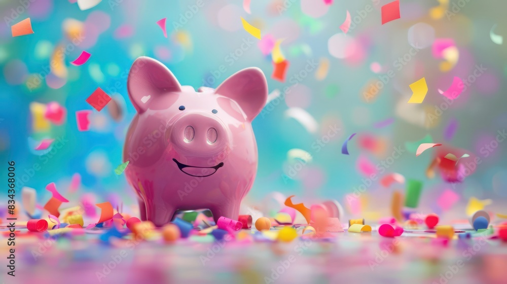 A piggy bank on a colorful background with confetti or streamers, creating a festive atmosphere with blank space for adding text or messages with minimalist style A piggy bank on a colorful background with confetti or streamers, creating a festive atmosphere with blank space for adding text or messages with minimalist style