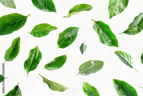green leaves floating isolated on white background