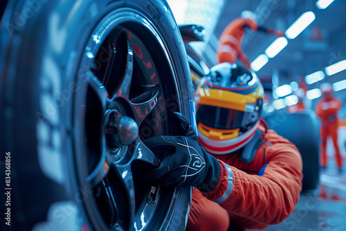 mechanic changing tires, racing car
